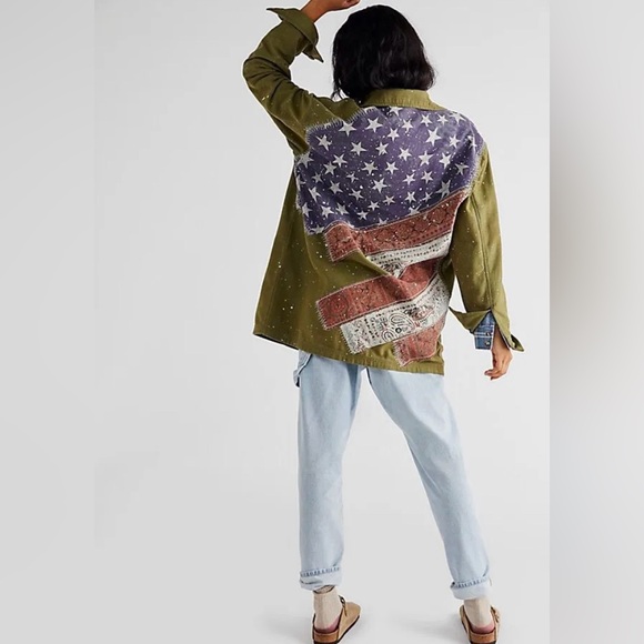 FREE PEOPLE Sz S SPRUCE MILITARY SHIRT JACKET AMERICAN FLAG ARMY GREEN Was $228 - Picture 4 of 17